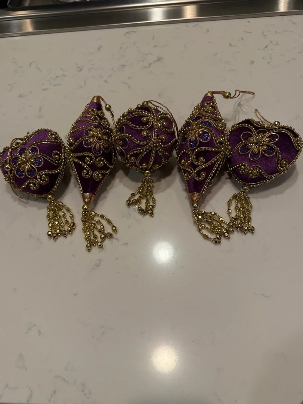Jeweled Purple/Gold Velvet Beaded Christmas Ornaments Tassel Victorian Holiday